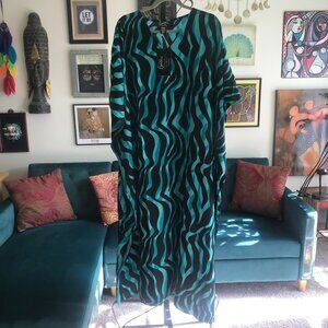 Goddess by WINLAR Turquoise &Black Long Kaftan Lounger Dress O/S Caftan NWT